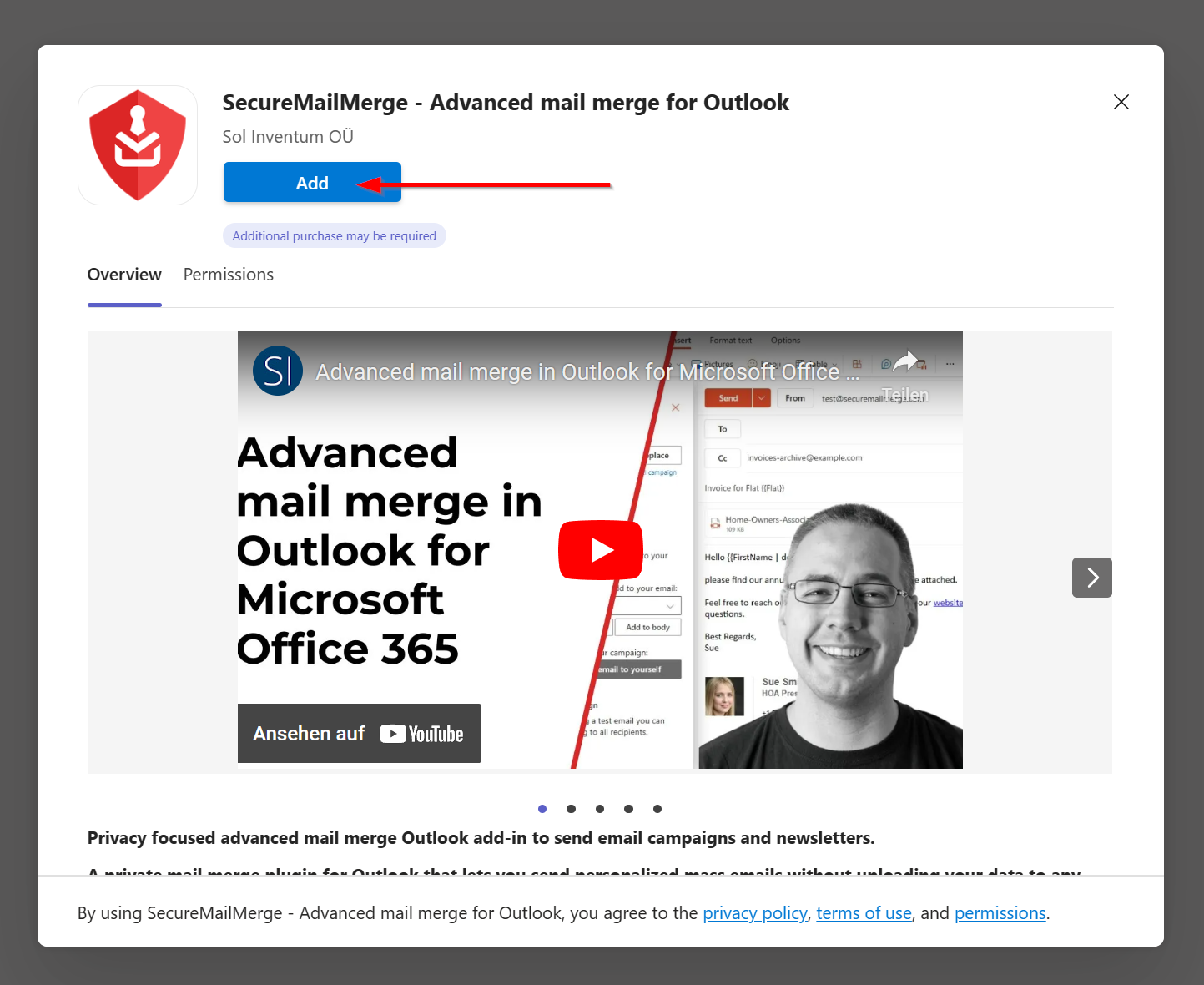 Screenshot des Anwendungsfeldes von SecureMailMerge in AppSource