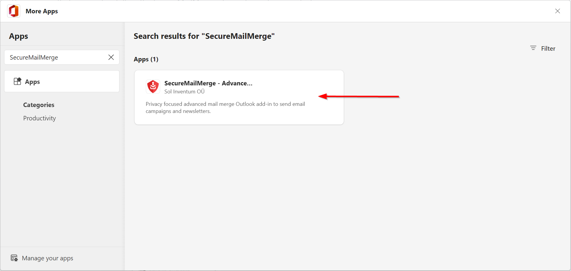 Screenshot des Suchergebnisses von SecureMailMerge in AppSource