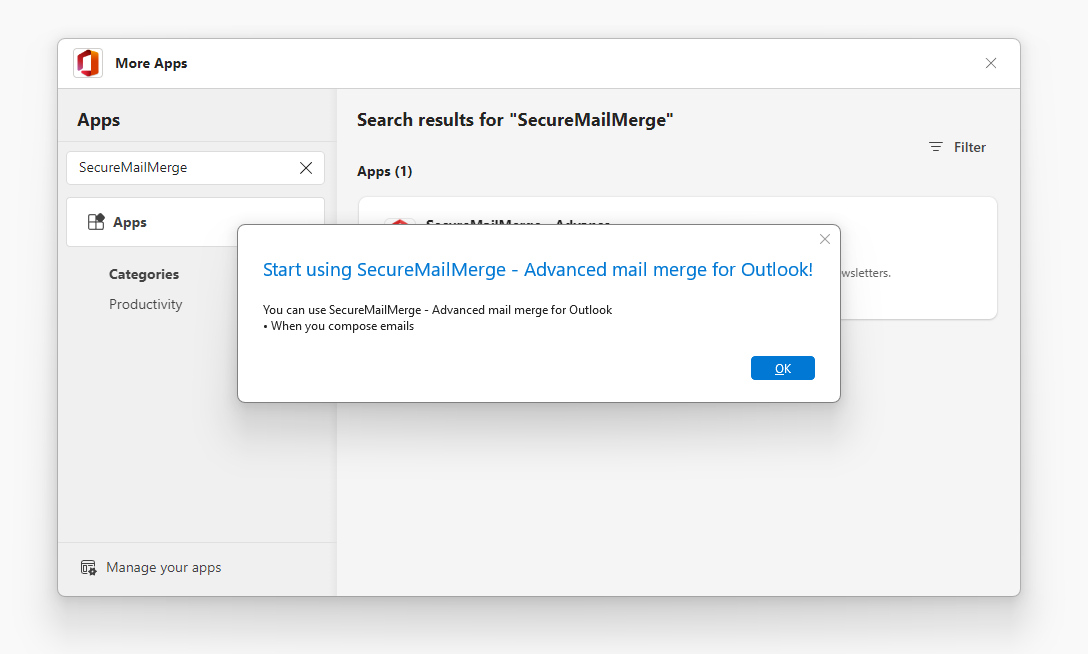 Screenshot eines erfolgreich installierten SecureMailMerge