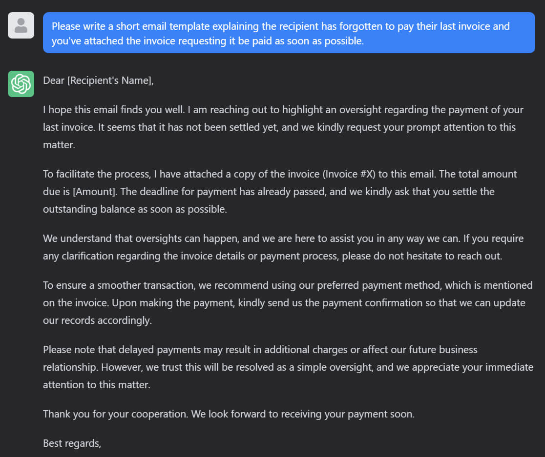A ChatGPT response giving you an email body to start with