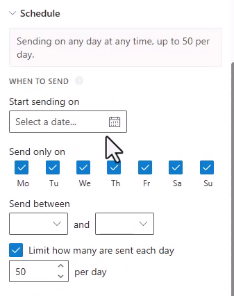 Die Untergruppe When to send, inklusive der Wochentag-Checkboxen