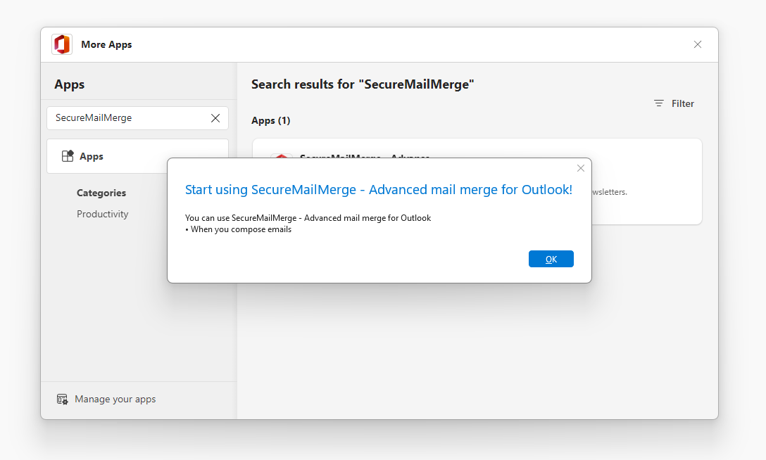 Screenshot of a successfully installed SecureMailMerge