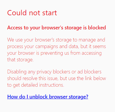 Screenshot des Fehlers 'Browser-Speicher blockiert'