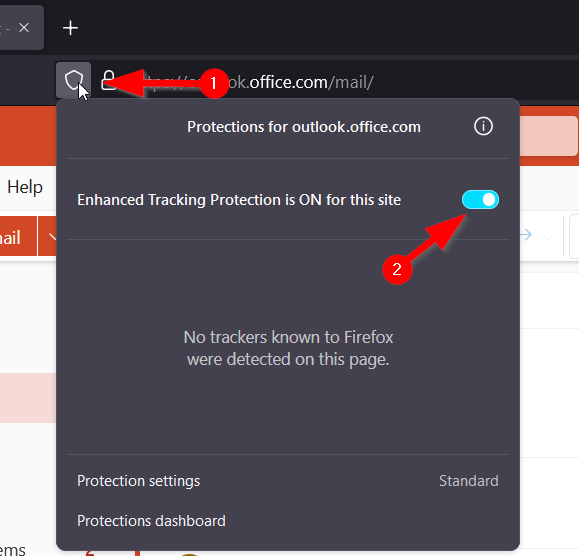Screenshot der Deaktivierung des erweiterten Tracking-Schutzes in Firefox